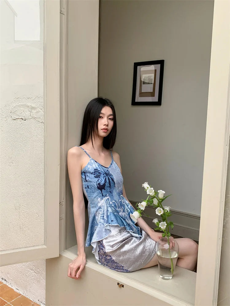 VILZSTUDIOS Blue Ruffles V-Neck Tank Top With Grey Mini Skirt