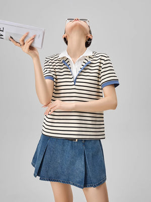 VILZSTUDIOS Striped Polo V-Neck Knit T-Shirt
