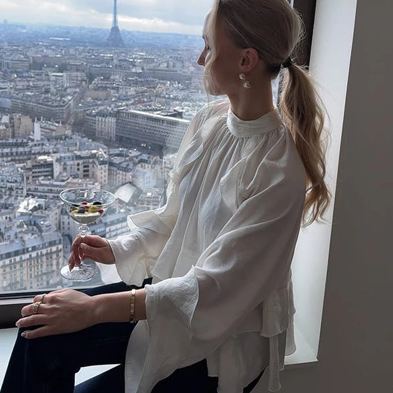 VILZSTUDIOS Elegant White Ruffled Blouse