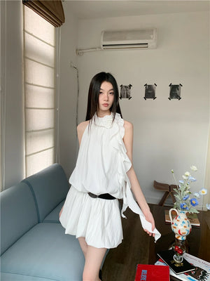VILZSTUDIOS White Ruffles Halter Mini Dress Designer