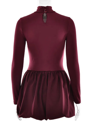 VILZSTUDIOS Burgundy Patchwork Turtleneck Long Sleeve Mini
