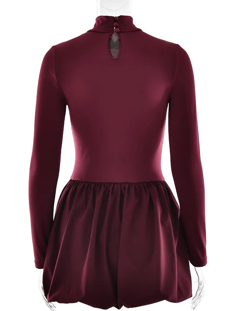 VILZSTUDIOS Burgundy Patchwork Turtleneck Long Sleeve Mini