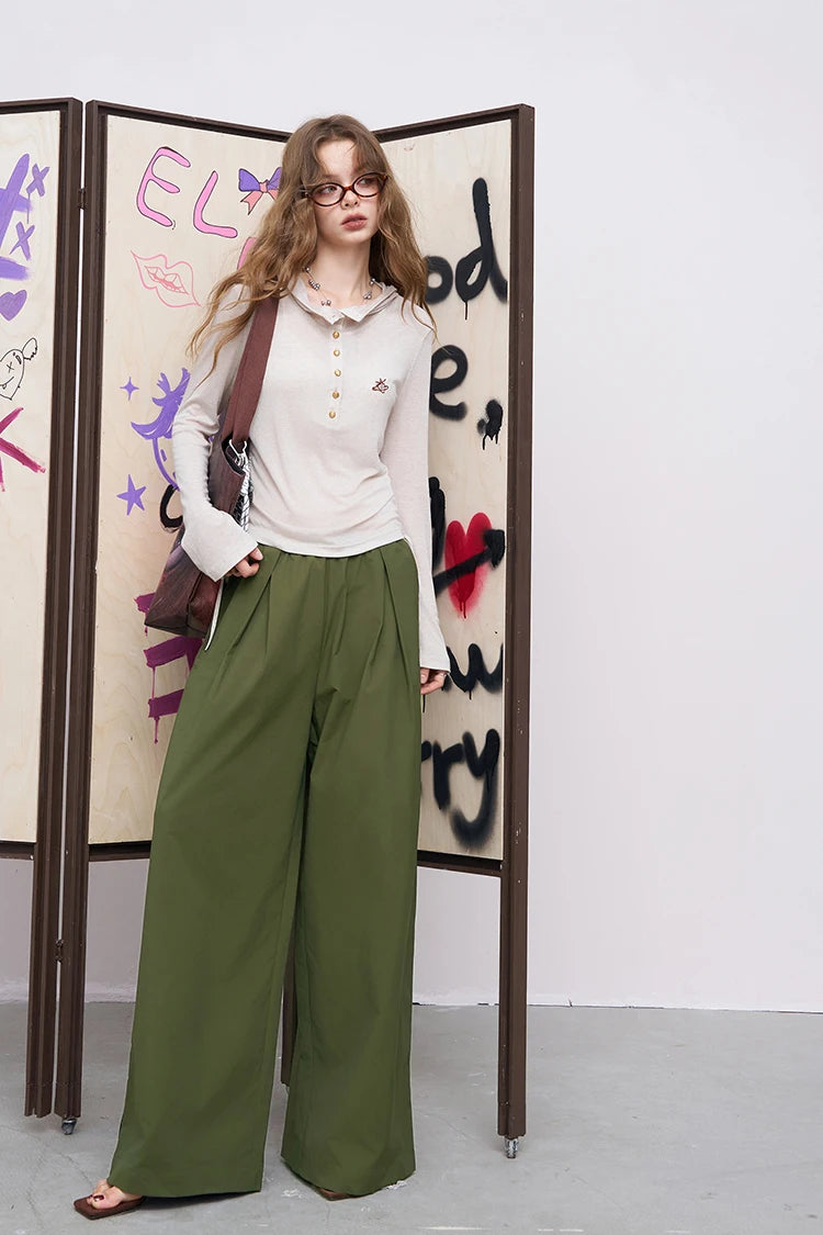 VILZSTUDIOS Solid Loose Wrinkled Straight Leg Pants