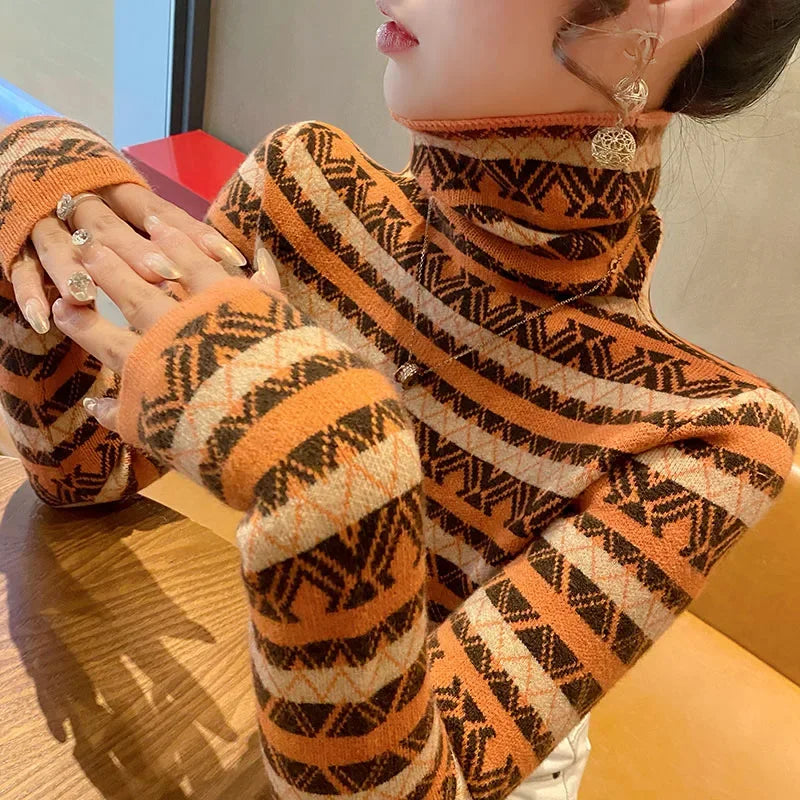 VILZSTUDIOS Chic Striped Knit Turtleneck Sweater