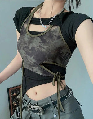 VILZSTUDIOS Camo Print Mesh Halter Top