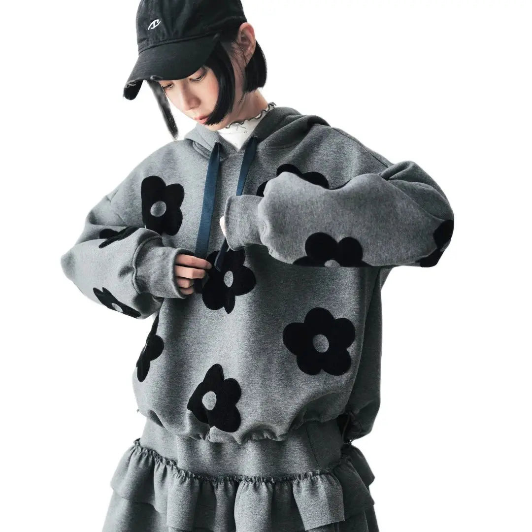 VILZSTUDIOS Gray Floral Patch Long Sleeve Hoodie