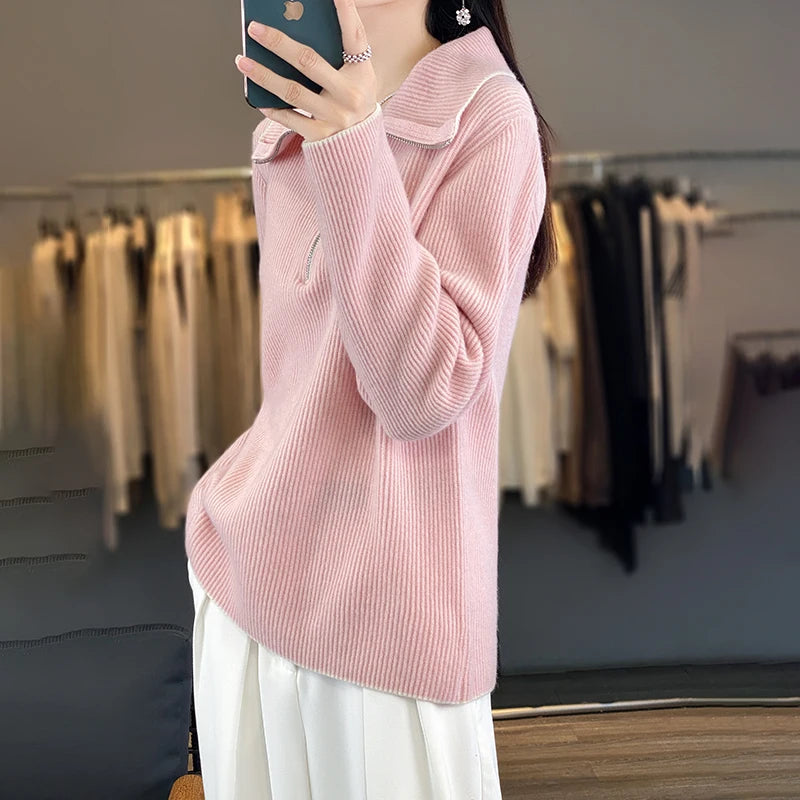 VILZSTUDIOS Cozy Wool Zip-Up Sweater Pullover Womens