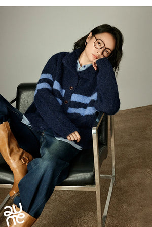 VILZSTUDIOS Cozy High Neck Striped Cardigan