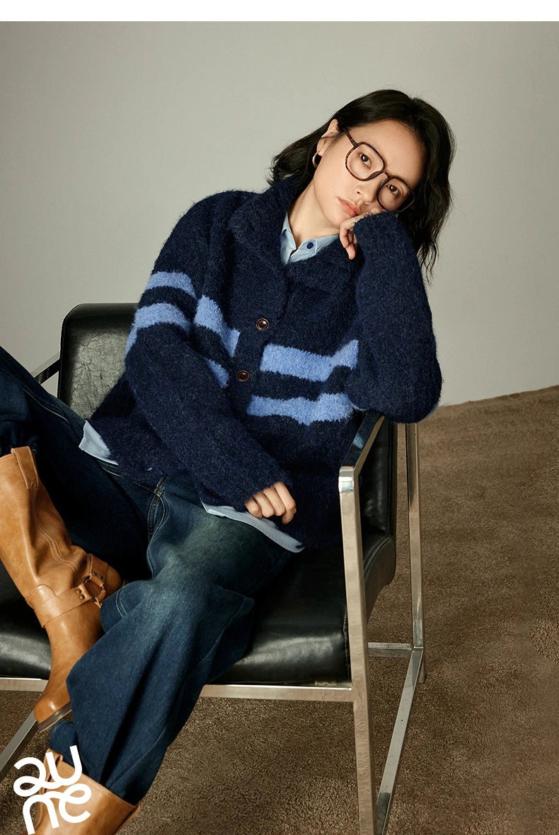 VILZSTUDIOS Cozy High Neck Striped Cardigan