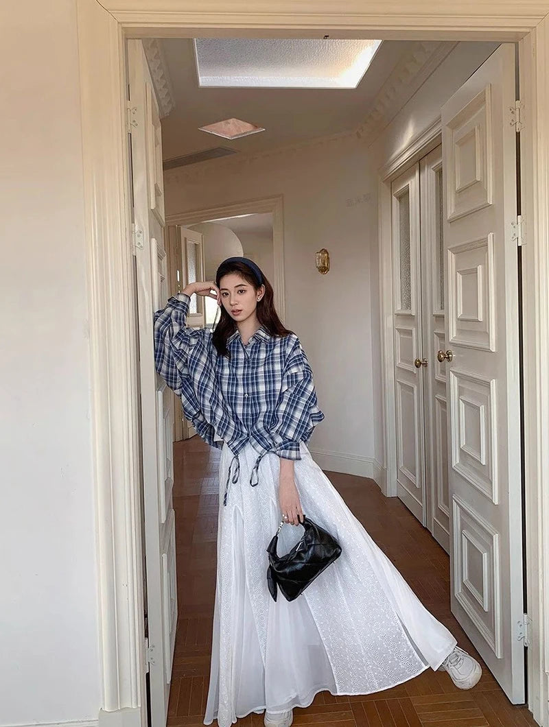 VILZSTUDIOS Blue Plaid Loose Drawstring Shirt