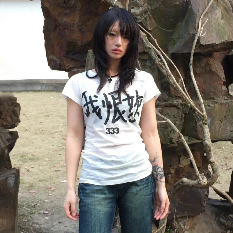 VILZSTUDIOS Grunge Japanese Letters Print T-shirt T