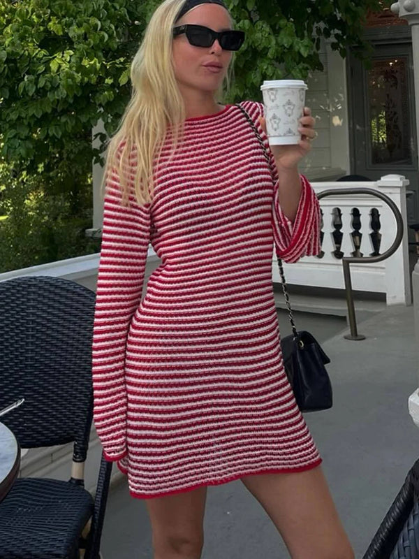 Elegant Striped Flare Sleeve Dress Womens