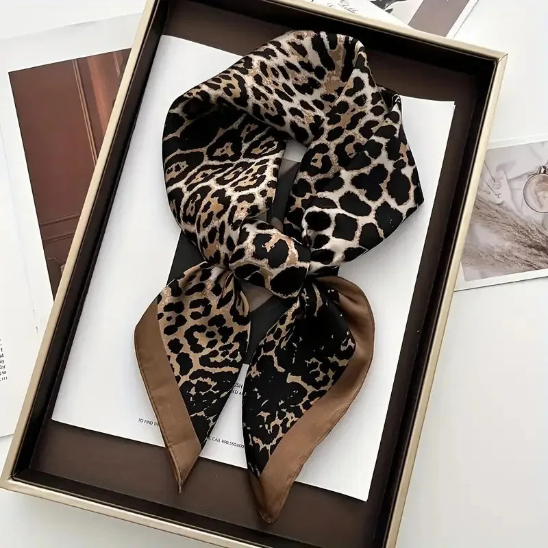 VILZSTUDIOS 70*70cm Leopard Green Brown Silk Scarf Women Simulated Silk Fresh and Elegant Versatile Headwear Clothing Bags and Square Scarf