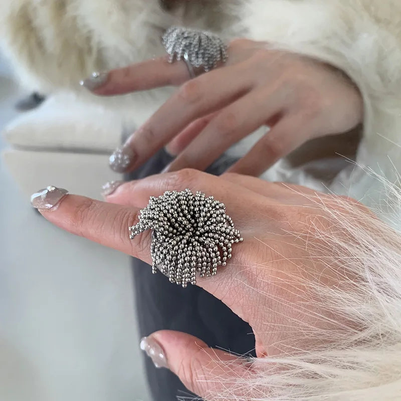 VILZSTUDIOS Silver Color Metal Chain Tassel Ring