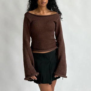 VILZSTUDIOS Chic Off-Shoulder Flare Sleeved Knitted Sweater