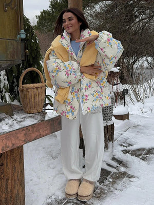 VILZSTUDIOS Cozy Floral Print Oversized Puffer Jacket