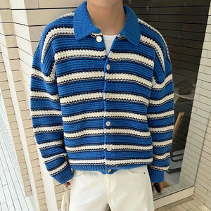 VILZSTUDIOS Vintage Striped Crochet Button-Up Cardigan