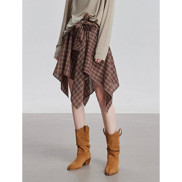 Retro Plaid Irregular Strap Mini Skirt