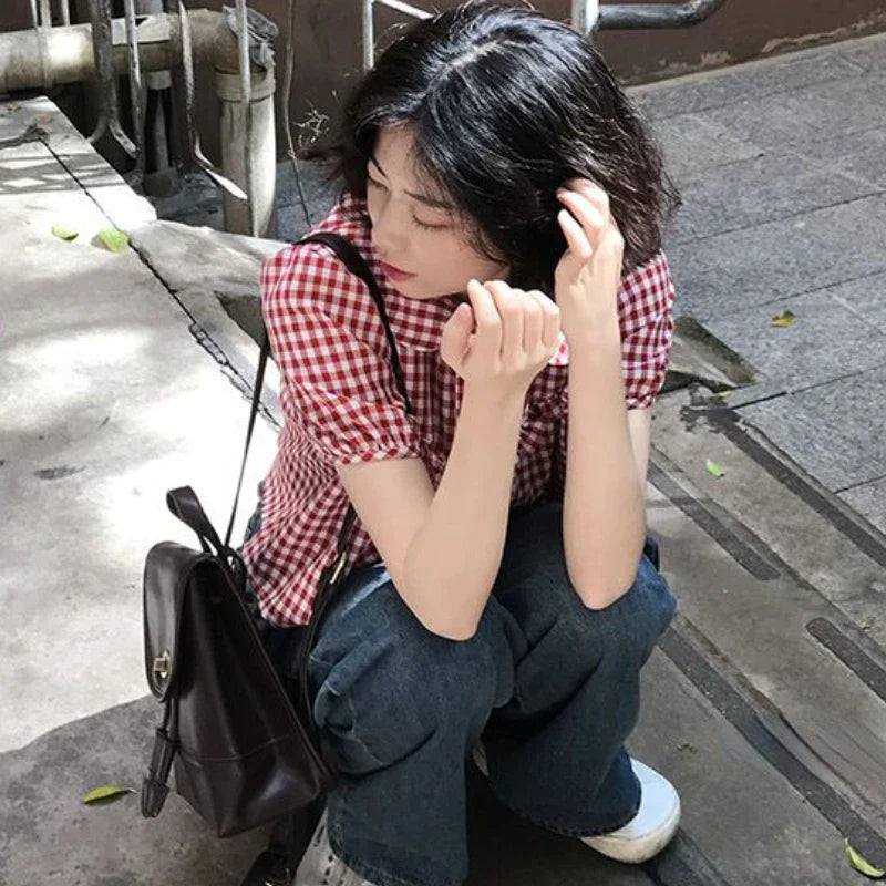VILZSTUDIOS Vintage Red Plaid Girlish Chic Shirt