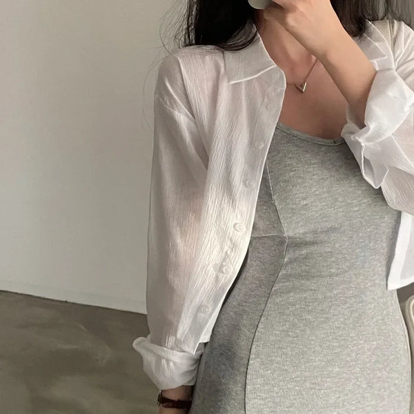 White Chiffon Sun Protection Cropped Shirt