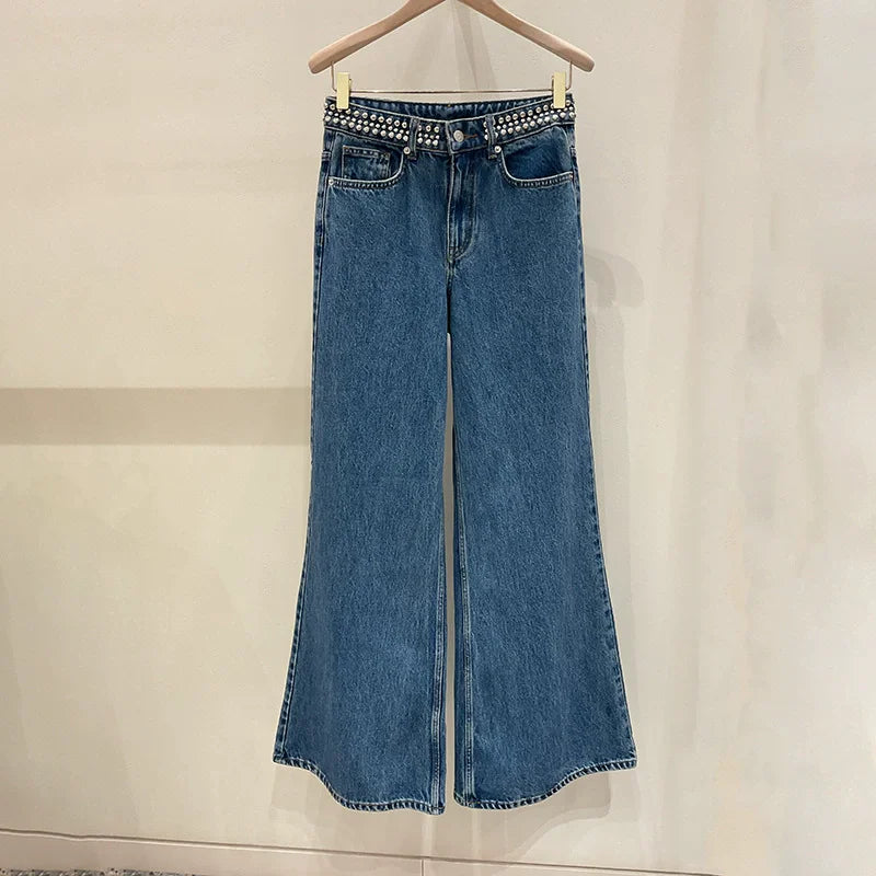 VILZSTUDIOS Blue Rivet Decoration High Waist Jeans