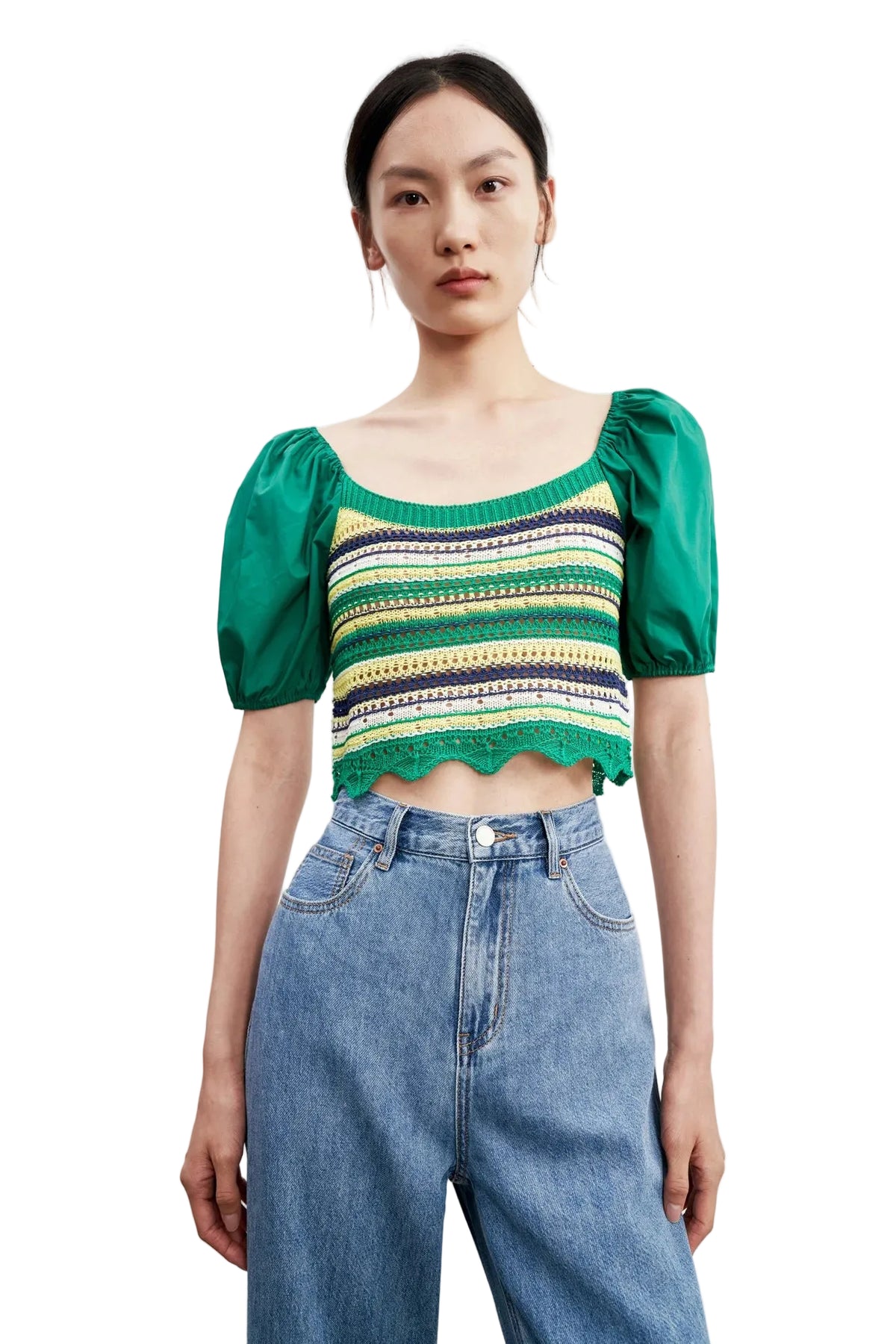 VILZSTUDIOS Striped Knit Cropped T-Shirt