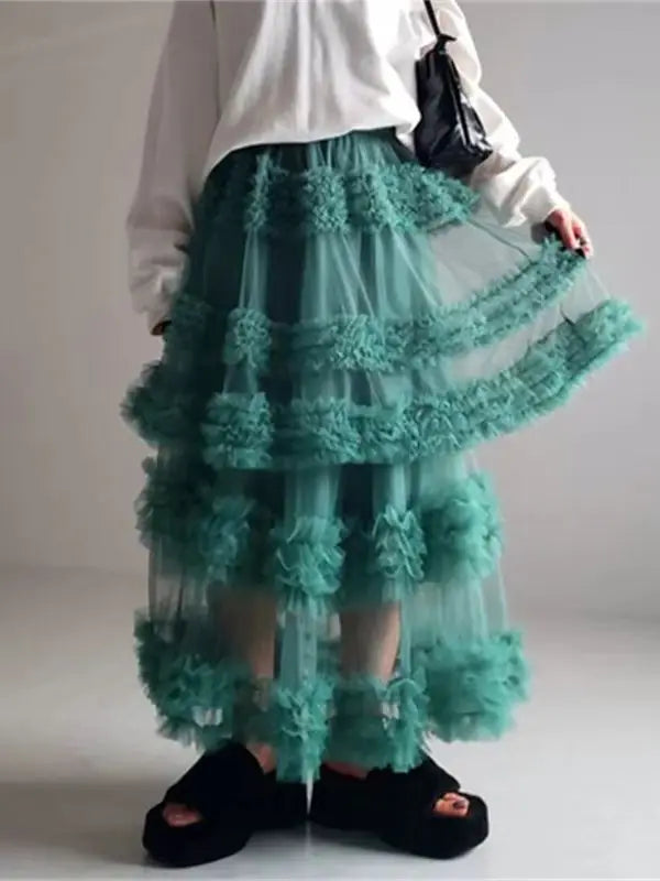 Ethereal Tiered Ruffled Mesh A-Line Skirt