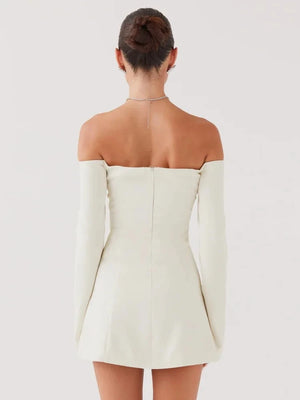 VILZSTUDIOS Elegant Off-Shoulder Button Dress in Brown