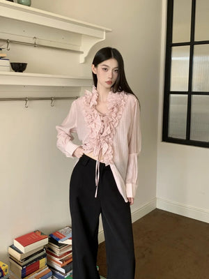 VILZSTUDIOS Ruffled Sheer Long Sleeve Designer Shirt