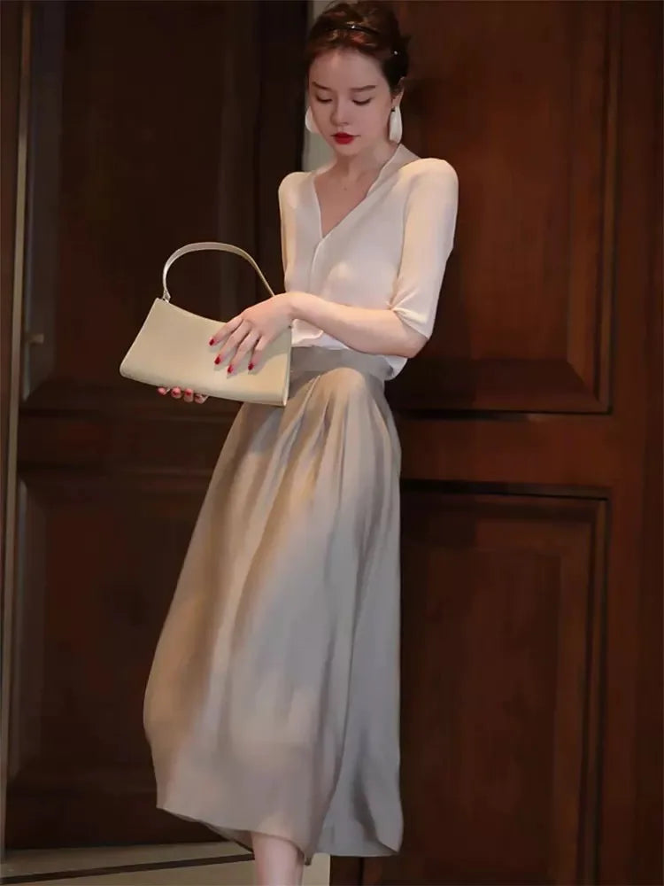 VILZSTUDIOS Elegant French Silk A-Line Midi Skirt