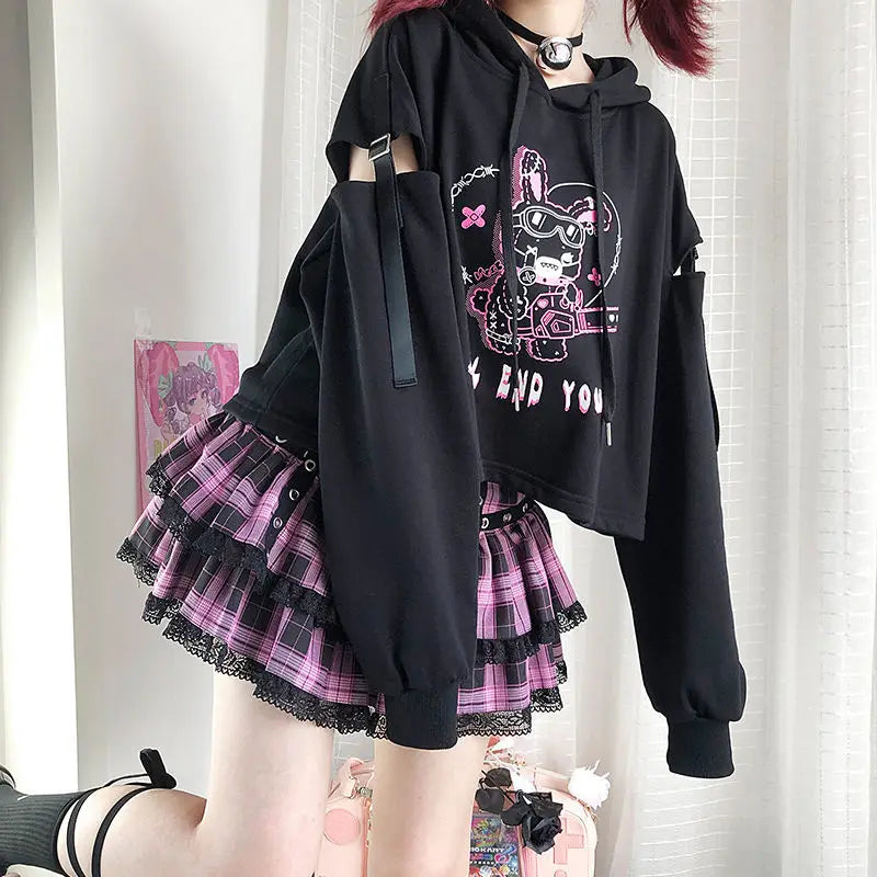 VILZSTUDIOS Punk Gothic Patchwork Hollow Out Hoodie & Mini Skirt