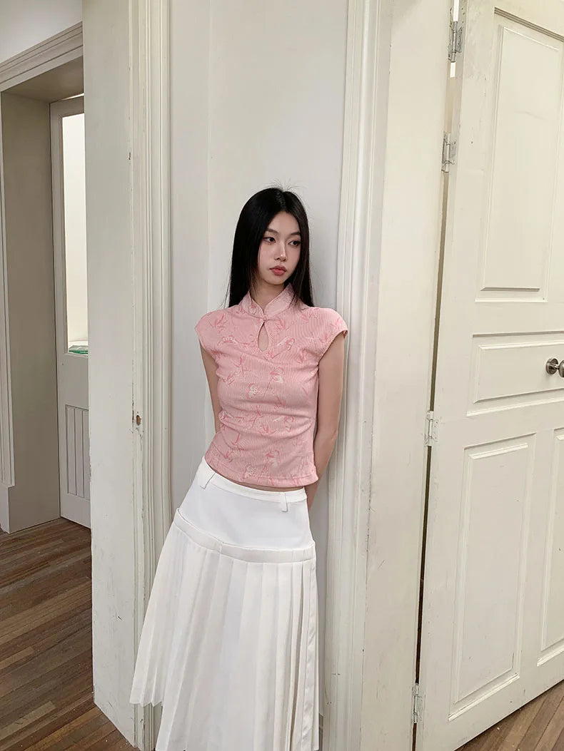 VILZSTUDIOS Pink Vintage Butterfly Floral Mesh Blouse