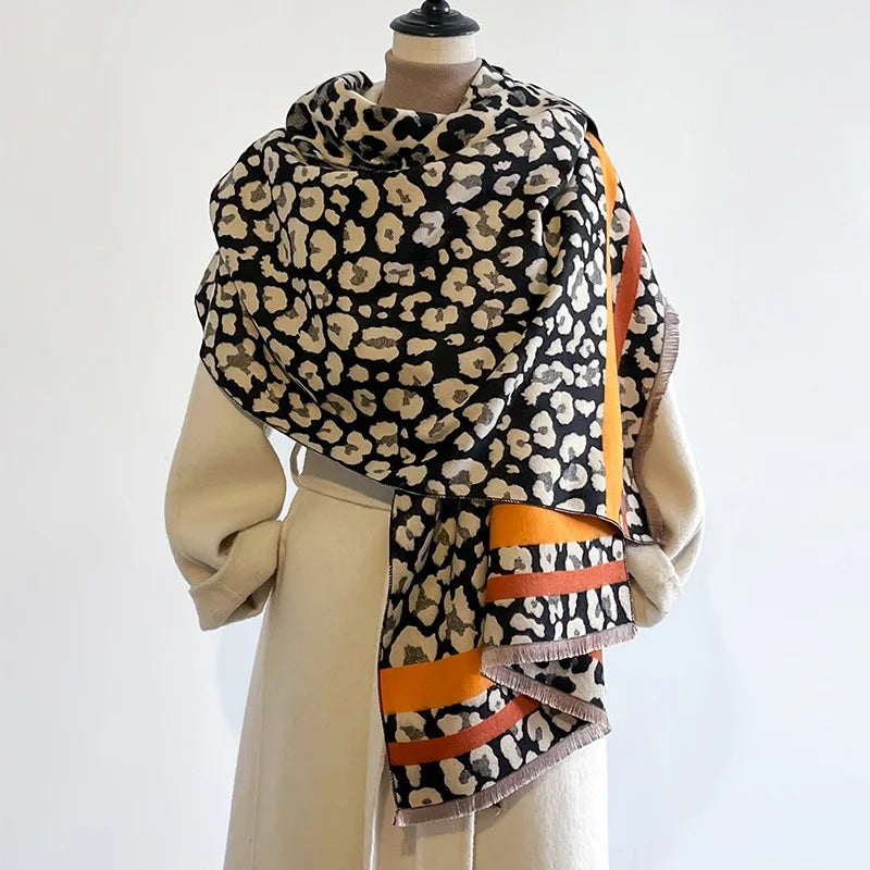 VILZSTUDIOS New Luxury Winter Leopard Two-Sided Cashmere Jacquard Scarves High Quality Women Thicken Wrap Shawl Ladies Wool Pashmina Scarf