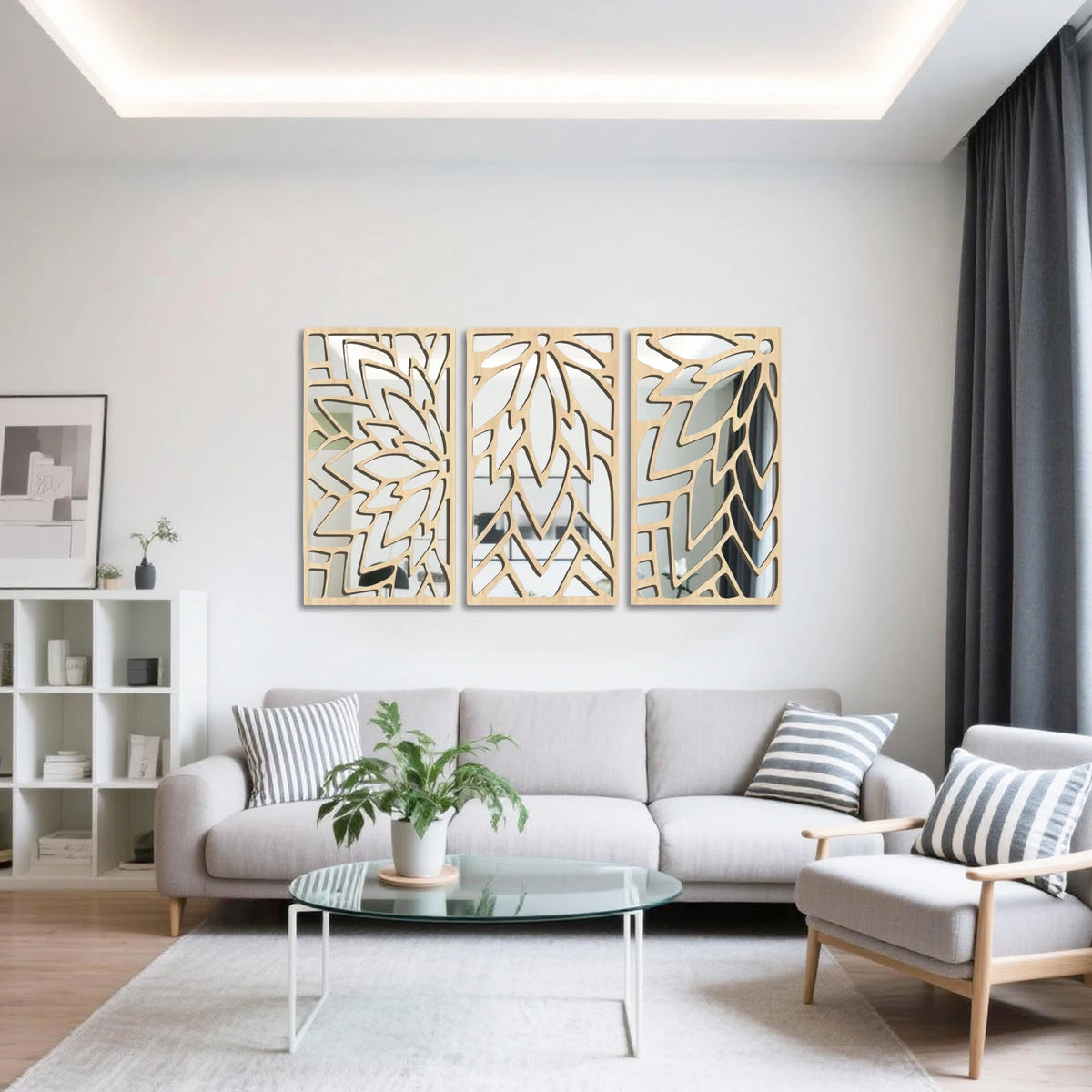 VILZSTUDIOS 3Pcs 2D 16in Wooden Acrylic Double-Layer Wall Mirror Hollow Leaf Design Refined Lifestyle Artistic Home Decorative Mirror
