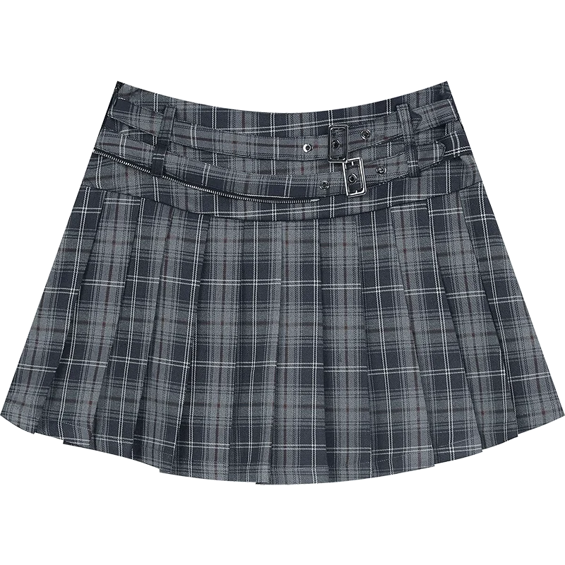 VILZSTUDIOS Grey High Waist Plaid Pleated Mini Skirt
