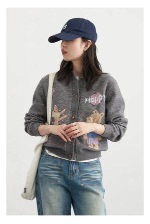VILZSTUDIOS Retro Jacquard Happy Bear Cardigan