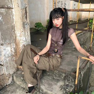 VILZSTUDIOS Vintage Lace-Up Japanese Graphic T-Shirt