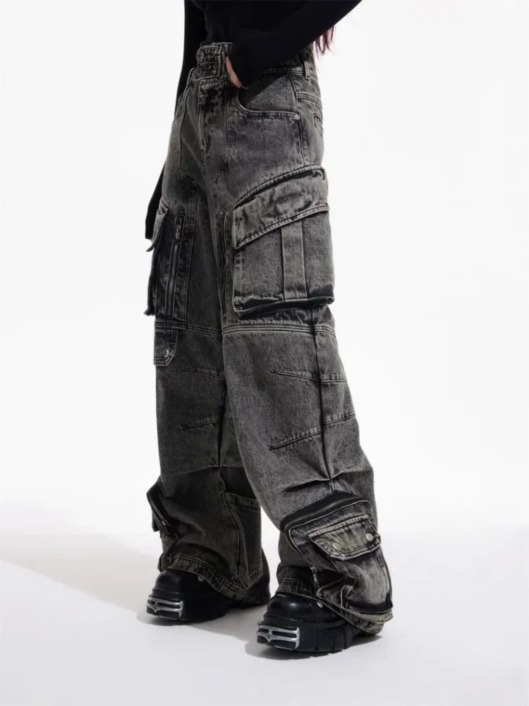 VILZSTUDIOS Vintage Grey Pleated Cargo Wide Jeans