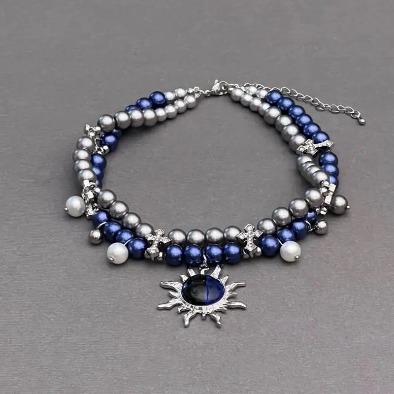 VILZSTUDIOS Gothic Blue Grey Pearl Bead Necklace