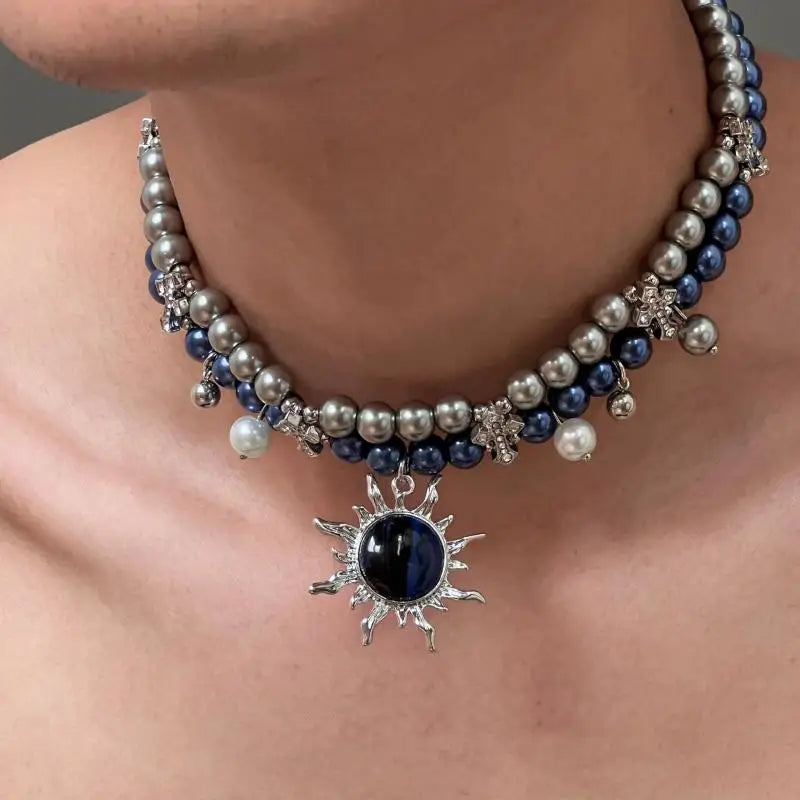 VILZSTUDIOS Blue Grey Vintage Gothic Pearl Necklace