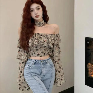 VILZSTUDIOS Retro Floral Ruffled Cropped Chiffon Blouse