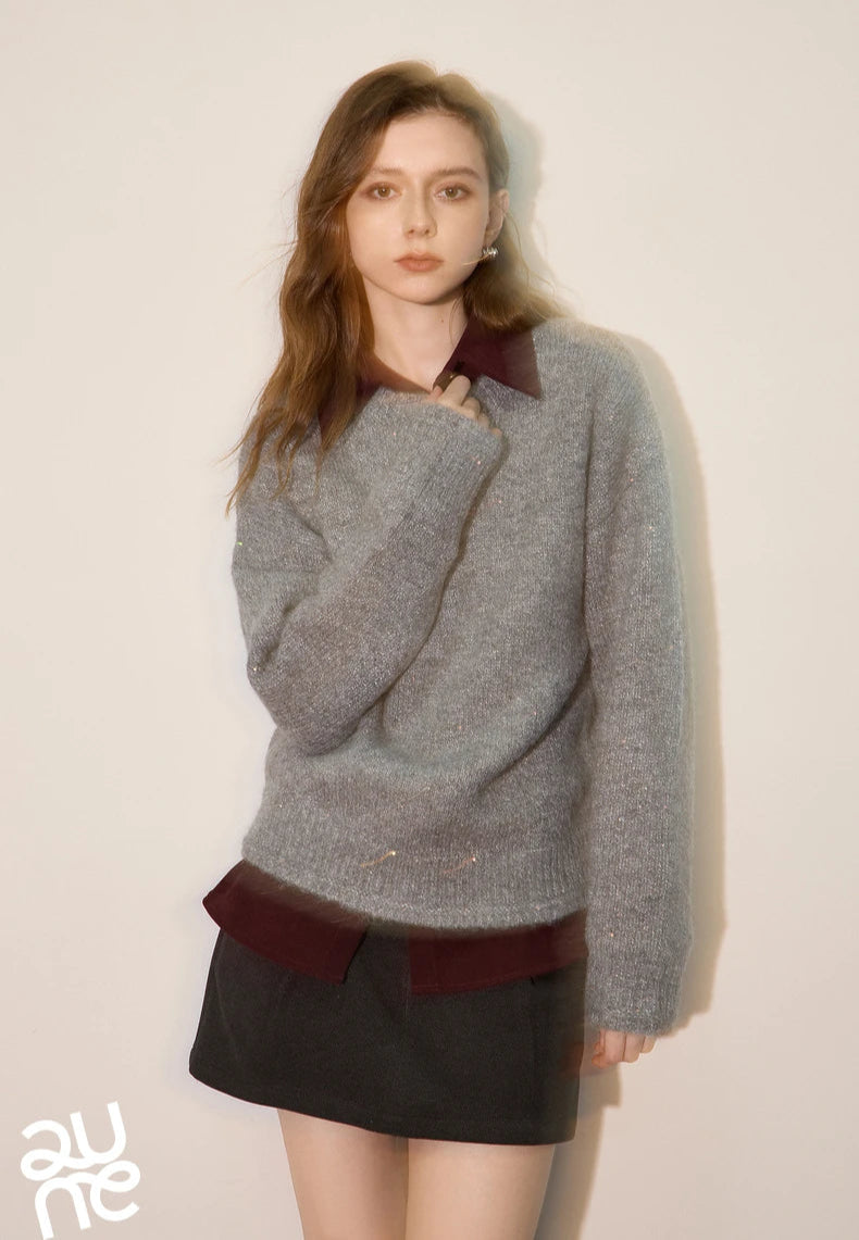 VILZSTUDIOS Sparkling Bead Camel Velvet Knit Sweater