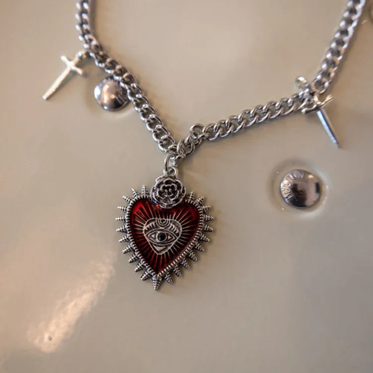 VILZSTUDIOS Vintage Gothic Peach Heart Cross Pendant Necklace