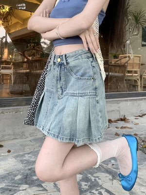 VILZSTUDIOS Retro High Waisted Denim A-Line Skirt