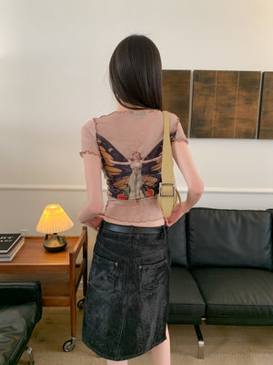 VILZSTUDIOS Butterfly Frill Mesh Graphic Crop Top