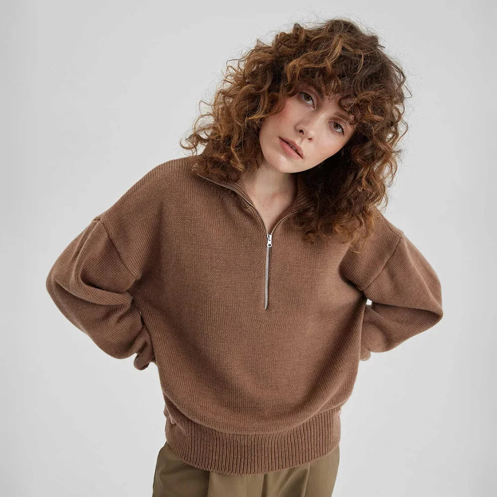 VILZSTUDIOS Solid Half Zip-Up Loose Knitted Sweater