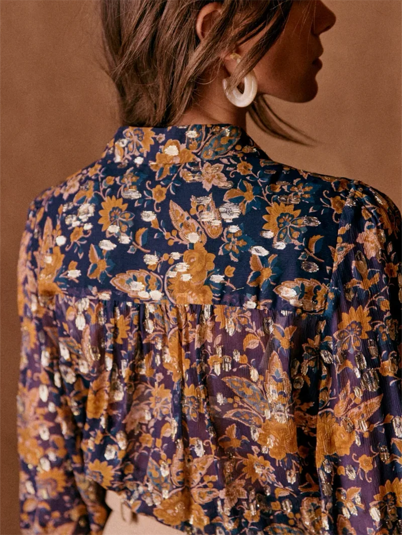 VILZSTUDIOS Vintage Floral Print Button-Up Blouse