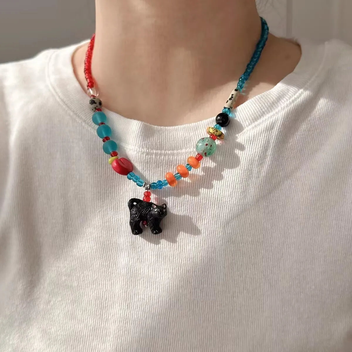 VILZSTUDIOS Colorful Retro Bear Pendant Choker Necklace