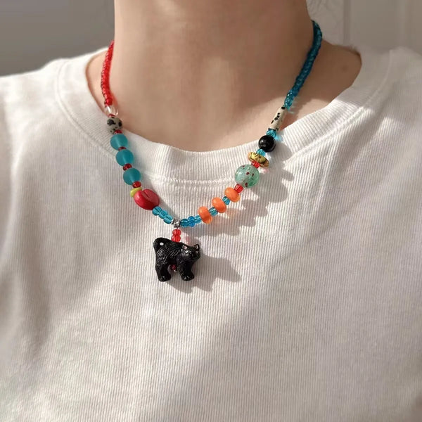 Colorful Retro Bear Pendant Choker Necklace