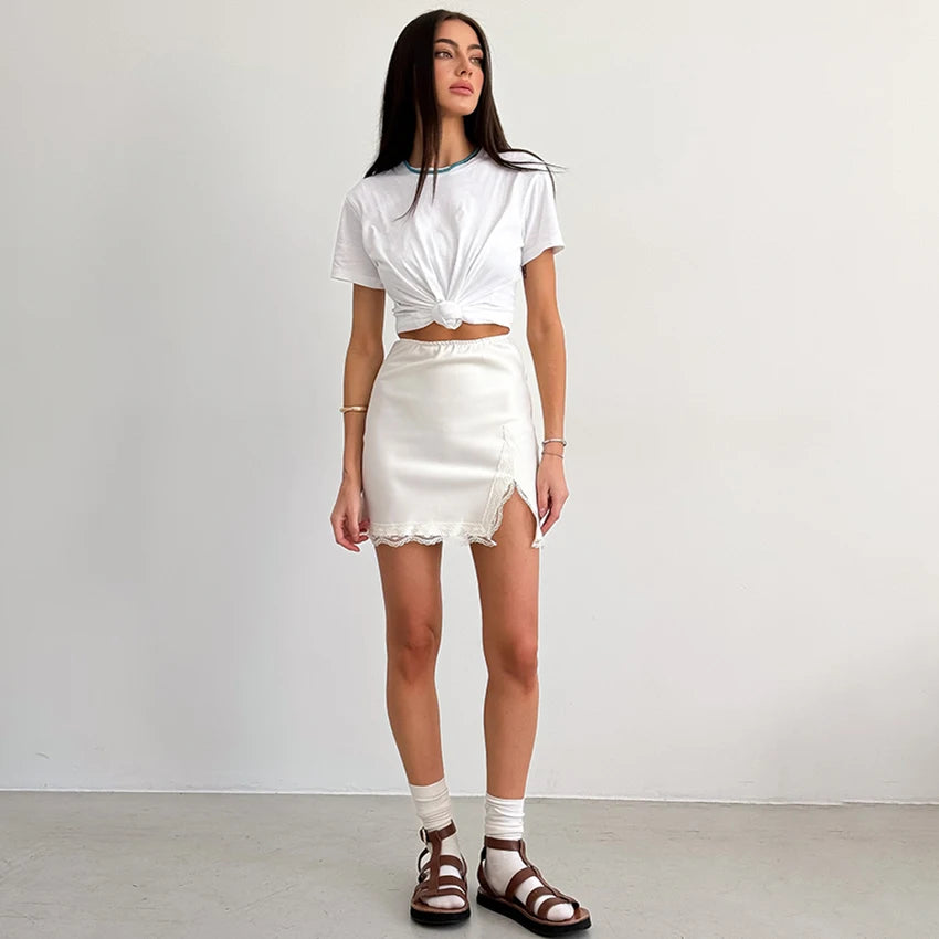 VILZSTUDIOS Elegant Satin Embroidery High Waist Skirt